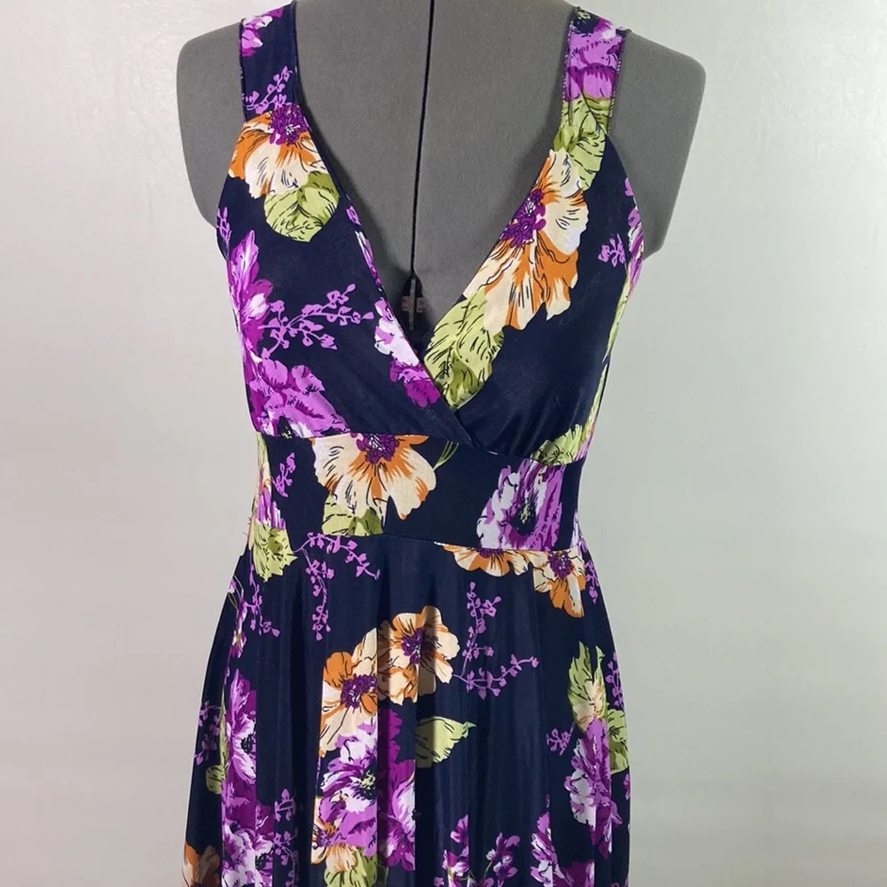 Plunge Neck Floral Tie Back Scalloped High Low Hem Line Dress Size M - Picture 2 of 10